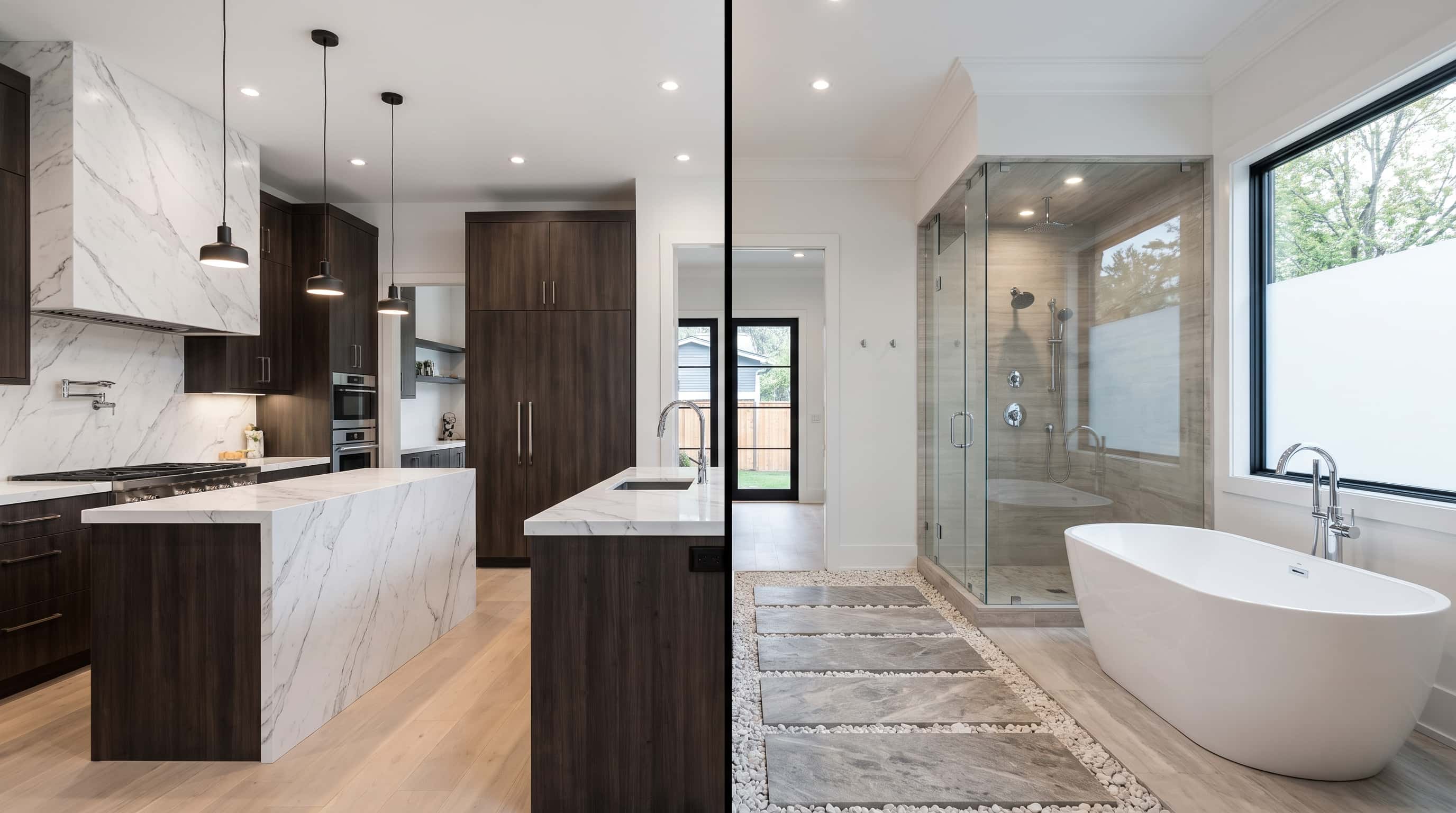 Newly finished kitchen with an island and pendant lighting