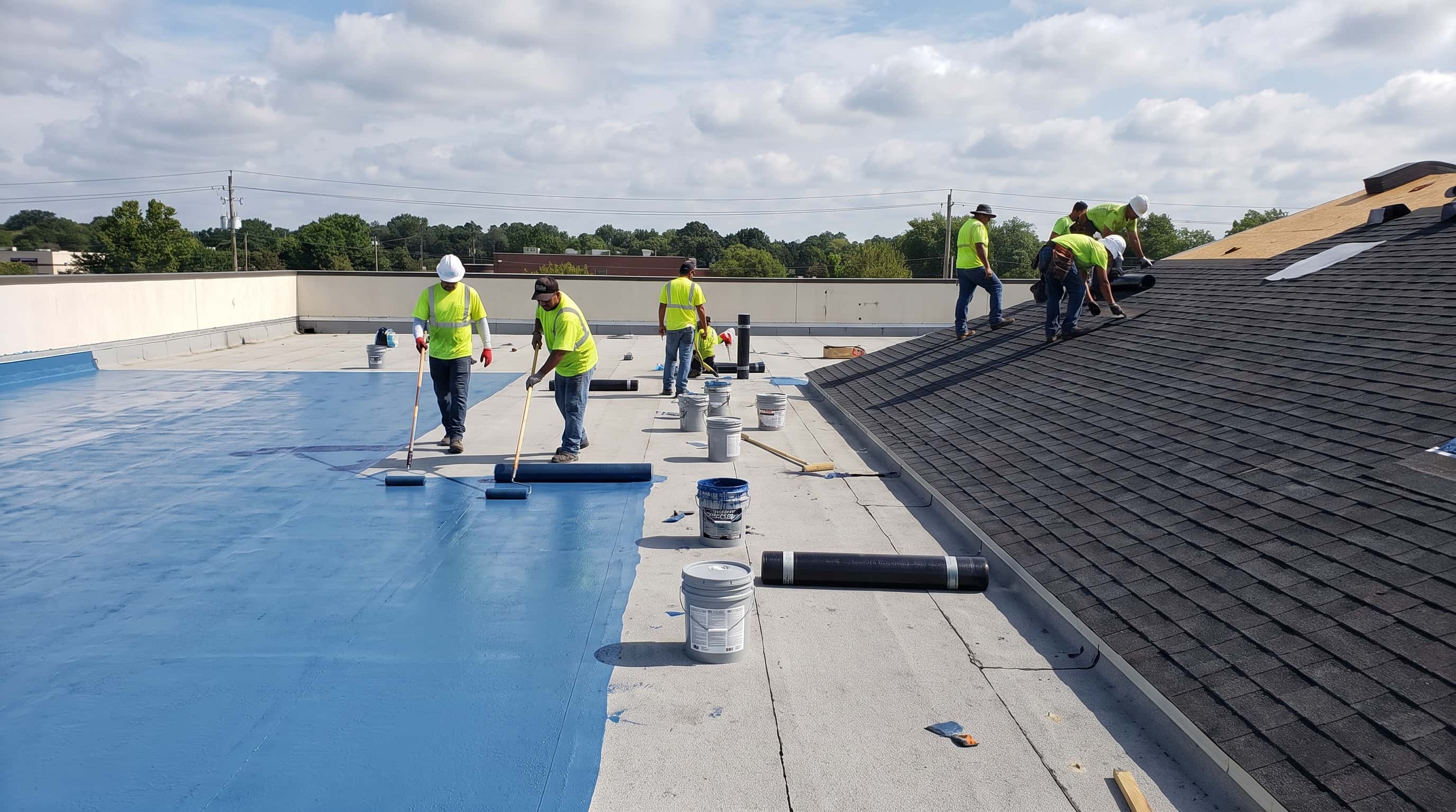 Roofer installing membrane on a low-slope commercial roof